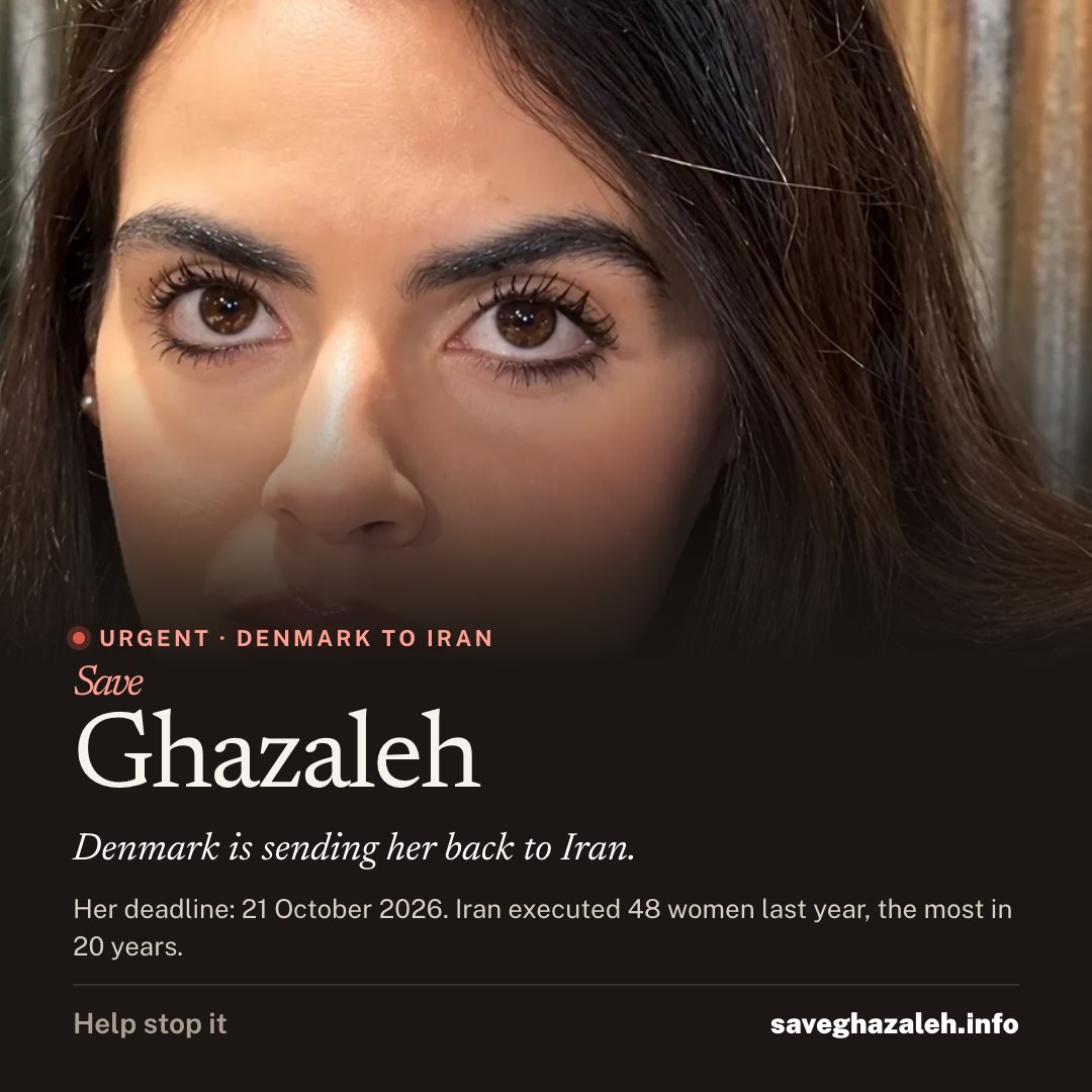 Share image: Ghazaleh’s portrait with the words "Save Ghazaleh. Denmark is sending her back to Iran."