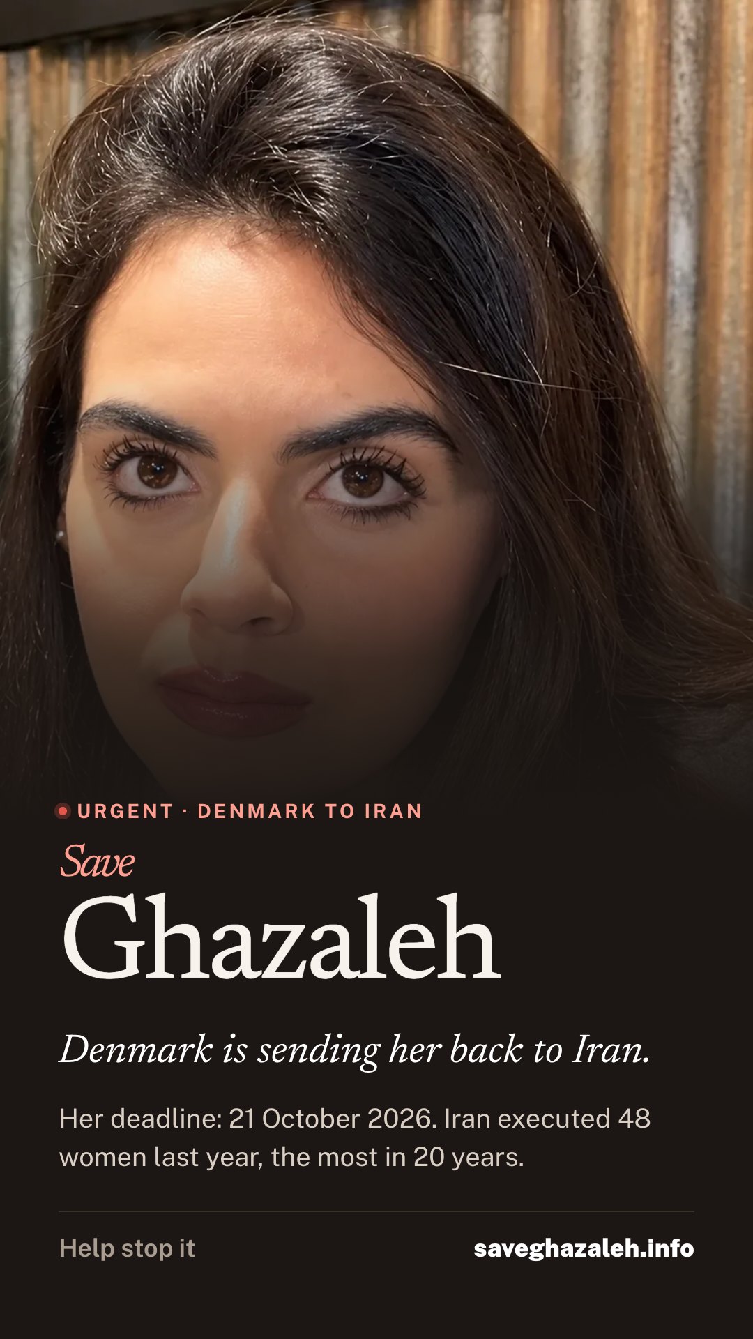 Share image: Ghazaleh’s portrait with the words "Save Ghazaleh. Denmark is sending her back to Iran."